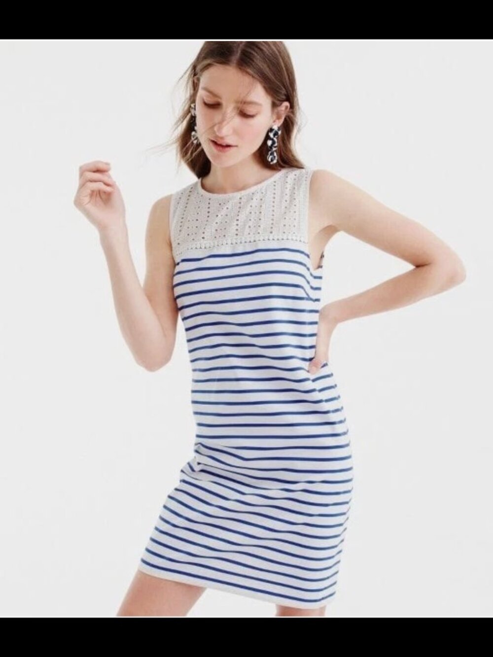 J.Crew ivory / blue striped sleeveless dress with eyelet and lace detail